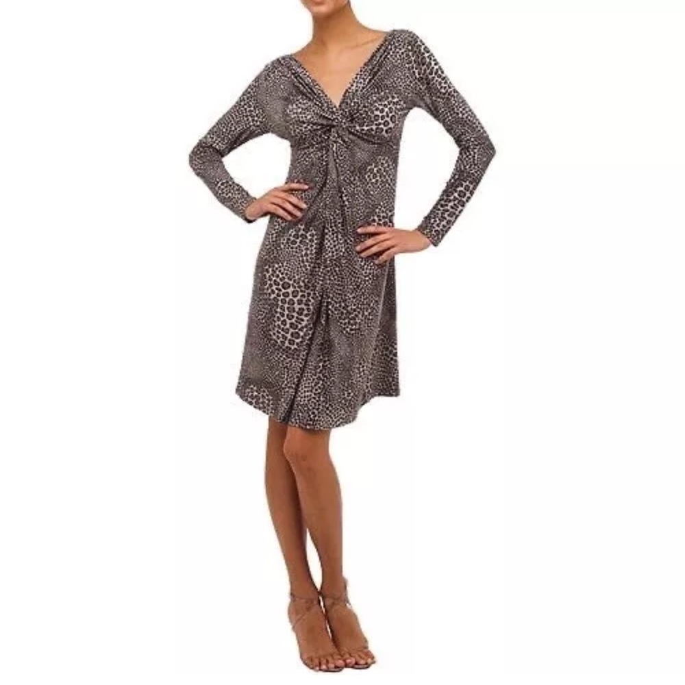 Norma Kamali Gray Leopard Print Twist Dress Sz L Midi V-Neck Career Long Sleeve